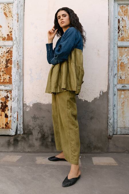 Ayaka Green 100% Cotton Corduroy Broad Hem Trousers Online at Aza Fashions Ayaka_Green 100% Cotton Corduroy Broad Hem Trousers_Online_at_Aza_Fashions