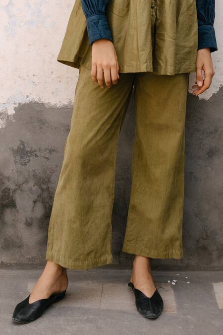Shop Ayaka Green 100% Cotton Corduroy Broad Hem Trousers Online at Aza Fashions Shop_Ayaka_Green 100% Cotton Corduroy Broad Hem Trousers_Online_at_Aza_Fashions