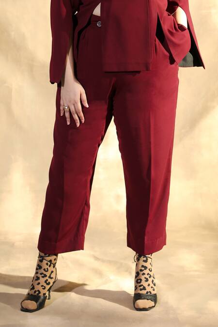 Buy_House Of Her_Maroon Moss Crepe Notched Collar Garnet Blazer And Trouser Set_Online_at_Aza_Fashions