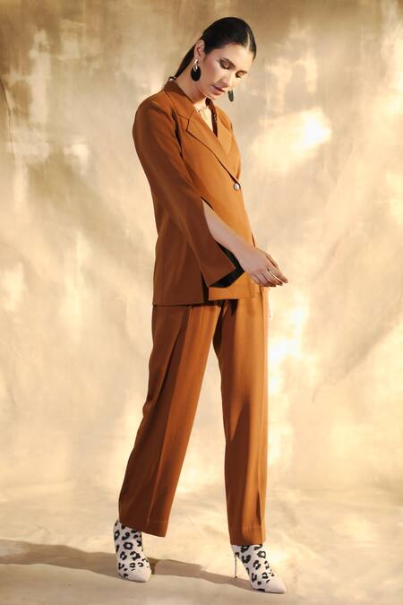 House Of Her_Brown Moss Crepe Notched Collar Liam Blazer And Trouser Set_Online_at_Aza_Fashions