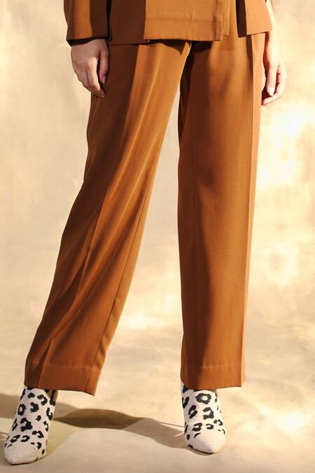 Buy_House Of Her_Brown Moss Crepe Notched Collar Liam Blazer And Trouser Set_Online_at_Aza_Fashions