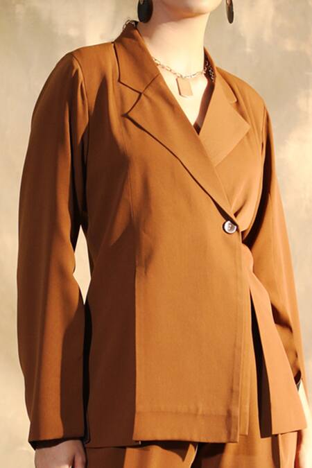 House Of Her_Brown Moss Crepe Notched Collar Liam Blazer And Trouser Set_at_Aza_Fashions