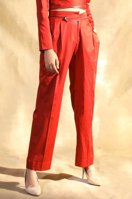 House Of Her_Orange Cotton Satin Notched Collar Amber Cropped Blazer And Trouser Set_Online_at_Aza_Fashions