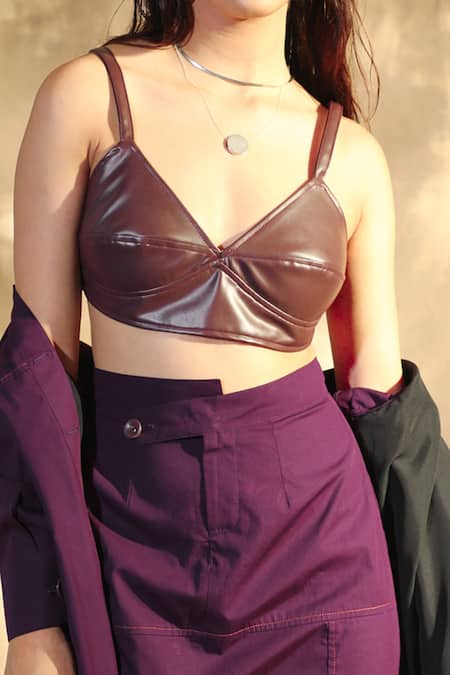 Buy Brown Faux Leather Plain V Neck Sepia Bralette For Women by House of  Her Online at Aza Fashions.