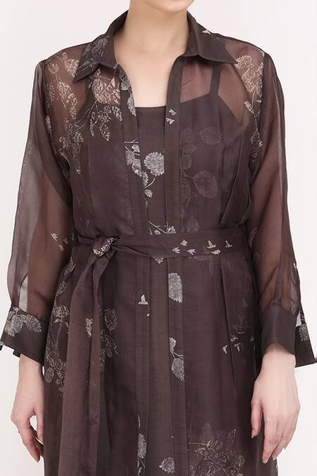 Shop_Arcvsh By Pallavi Singh_Grey Dress Bemberg, Jacket 100% Silk Organza Petal Print Dress Square And Set _Online_at_Aza_Fashions