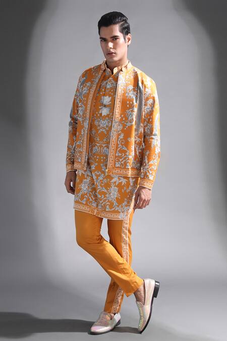 MR. Ajay Kumar_Yellow Cotton Satin, Lycra Floral Print Bomber Jacket _Online_at_Aza_Fashions