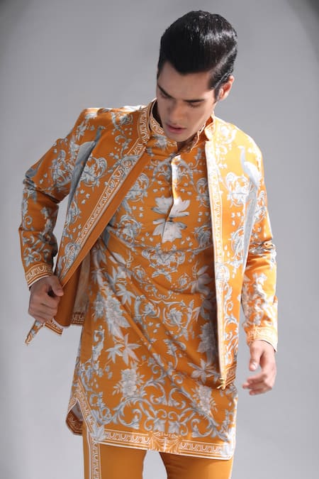 Buy_MR. Ajay Kumar_Yellow Cotton Satin, Lycra Floral Print Bomber Jacket _Online_at_Aza_Fashions