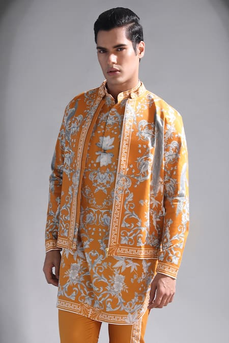 Shop_MR. Ajay Kumar_Yellow Cotton Satin, Lycra Floral Print Bomber Jacket _Online_at_Aza_Fashions