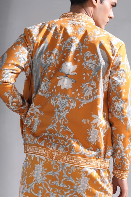 MR. Ajay Kumar_Yellow Cotton Satin, Lycra Floral Print Bomber Jacket _at_Aza_Fashions