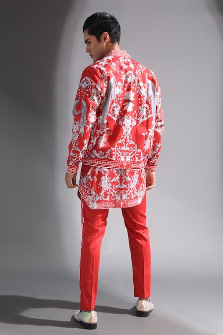Shop_MR. Ajay Kumar_Red Cotton Satin Floral Print Bomber Jacket _at_Aza_Fashions