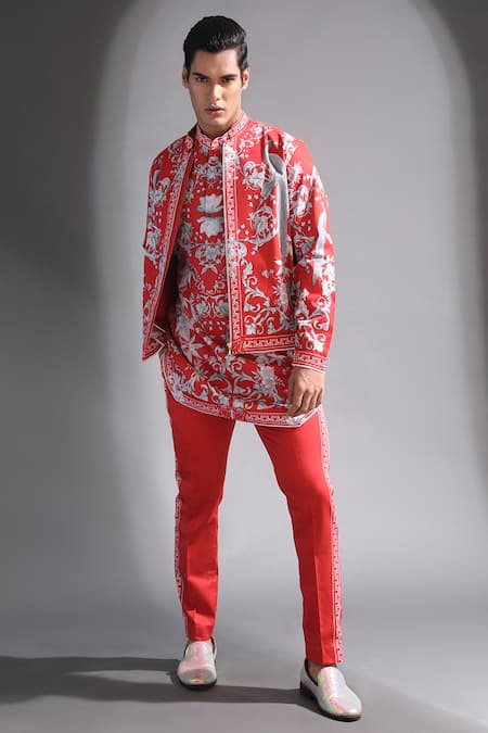 MR. Ajay Kumar_Red Cotton Satin Floral Print Bomber Jacket _Online_at_Aza_Fashions