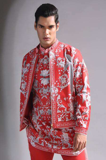 Buy_MR. Ajay Kumar_Red Cotton Satin Floral Print Bomber Jacket _Online_at_Aza_Fashions