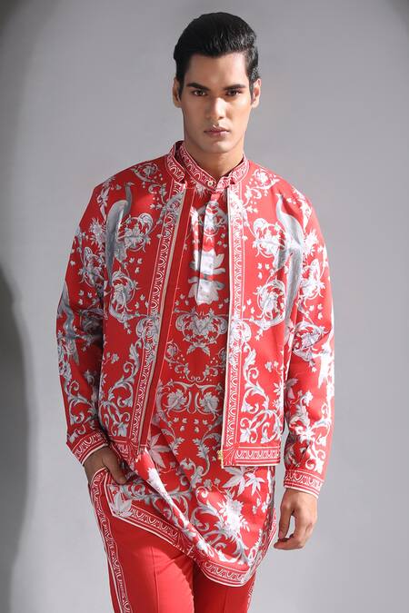 Shop_MR. Ajay Kumar_Red Cotton Satin Floral Print Bomber Jacket _Online_at_Aza_Fashions