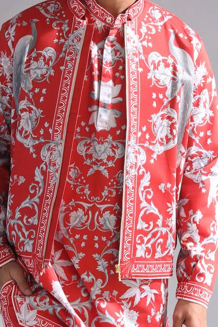 MR. Ajay Kumar_Red Cotton Satin Floral Print Bomber Jacket _at_Aza_Fashions