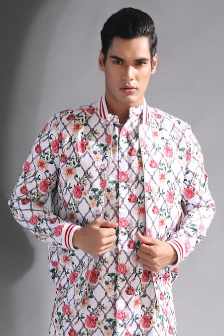 MR. Ajay Kumar White Cotton Satin, Lycra Floral Print Bomber Jacket Online at Aza Fashions MR. Ajay Kumar_White Cotton Satin, Lycra Floral Print Bomber Jacket _Online_at_Aza_Fashions