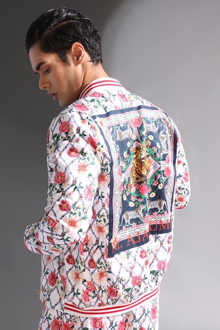 Buy MR. Ajay Kumar White Cotton Satin, Lycra Floral Print Bomber Jacket Online at Aza Fashions Buy_MR. Ajay Kumar_White Cotton Satin, Lycra Floral Print Bomber Jacket _Online_at_Aza_Fashions