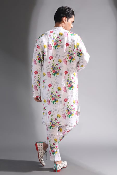Shop MR. Ajay Kumar White Linen Floral Print Kurta And Pant Set at Aza Fashions Shop_MR. Ajay Kumar_White Linen Floral Print Kurta And Pant Set _at_Aza_Fashions