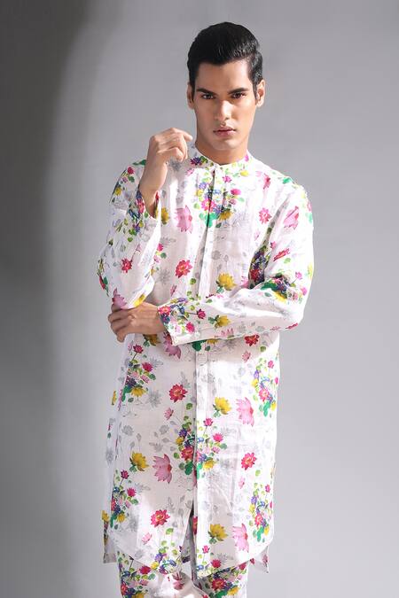 MR. Ajay Kumar White Linen Floral Print Kurta And Pant Set Online at Aza Fashions MR. Ajay Kumar_White Linen Floral Print Kurta And Pant Set _Online_at_Aza_Fashions