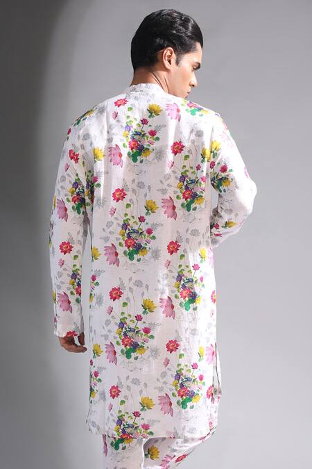 Shop MR. Ajay Kumar White Linen Floral Print Kurta And Pant Set Online at Aza Fashions Shop_MR. Ajay Kumar_White Linen Floral Print Kurta And Pant Set _Online_at_Aza_Fashions