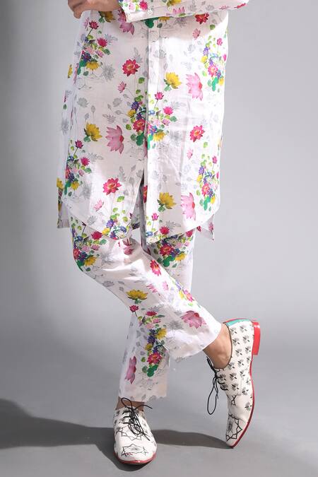 MR. Ajay Kumar White Linen Floral Print Kurta And Pant Set at Aza Fashions MR. Ajay Kumar_White Linen Floral Print Kurta And Pant Set _at_Aza_Fashions