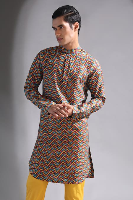 Buy_MR. Ajay Kumar_Multi Color Silk, Cotton Chevron Print Kurta And Pant Set_Online_at_Aza_Fashions