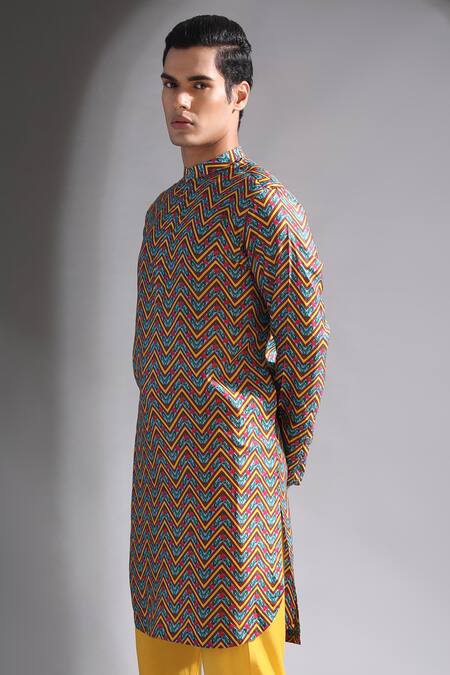 Shop_MR. Ajay Kumar_Multi Color Silk, Cotton Chevron Print Kurta And Pant Set_Online_at_Aza_Fashions