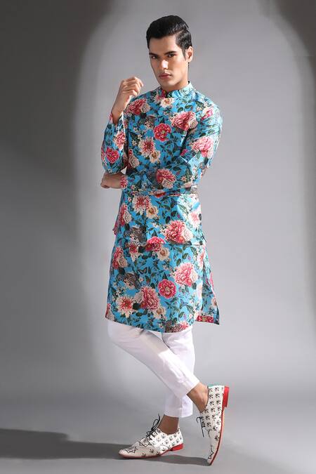MR. Ajay Kumar_Blue Silk, Cotton Floral Print Kurta And Pyjama Set_Online_at_Aza_Fashions