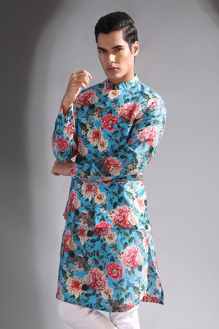Buy_MR. Ajay Kumar_Blue Silk, Cotton Floral Print Kurta And Pyjama Set_Online_at_Aza_Fashions