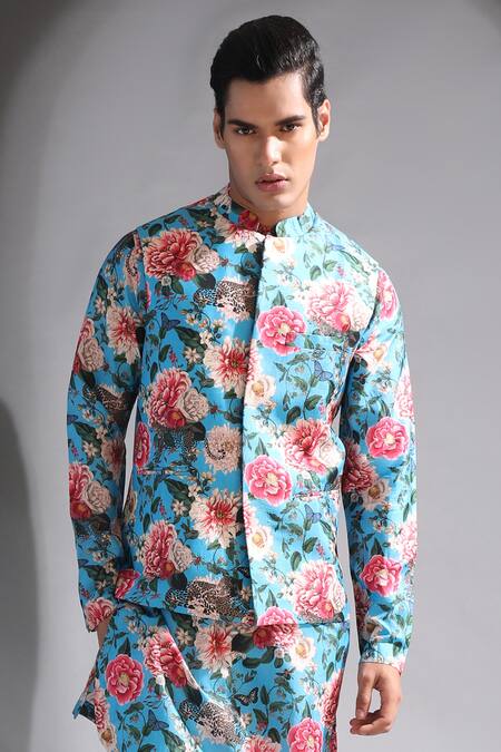 MR. Ajay Kumar_Blue Silk, Cotton Floral Print Kurta And Pyjama Set_at_Aza_Fashions