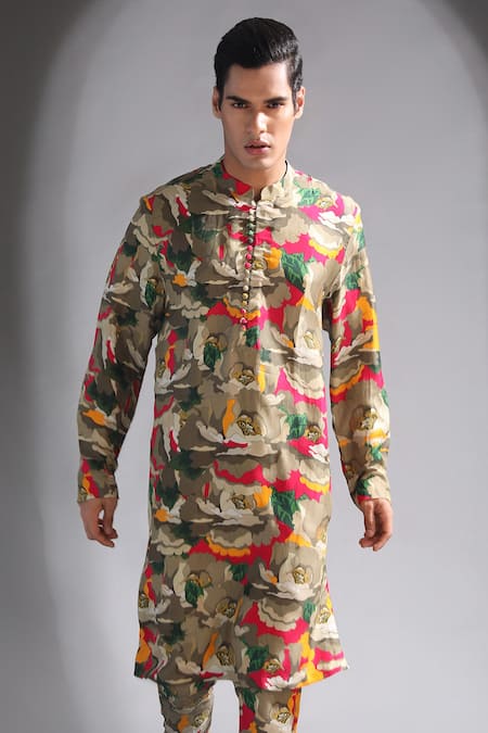 Buy_MR. Ajay Kumar_Yellow Silk Abstract Print Kurta And Pant Set _Online_at_Aza_Fashions