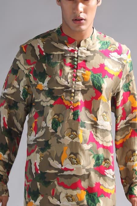 Shop_MR. Ajay Kumar_Yellow Silk Abstract Print Kurta And Pant Set _Online_at_Aza_Fashions