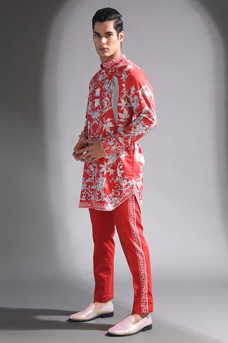 MR. Ajay Kumar_Red Cotton Printed Floral Motif Kurta And Pant Set_Online_at_Aza_Fashions