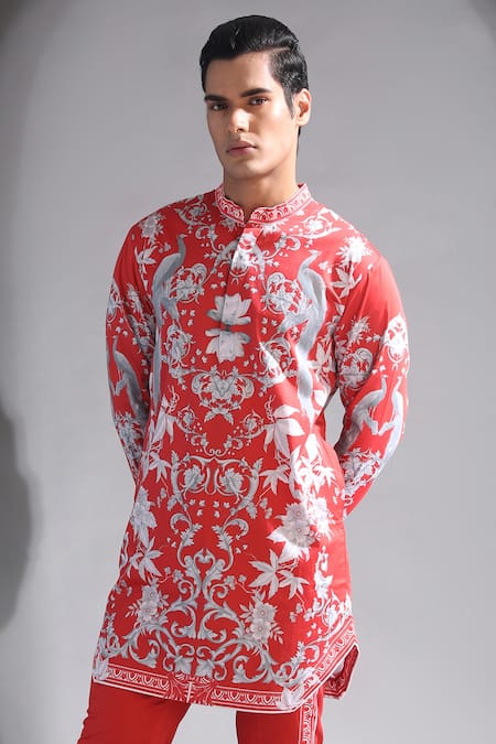 Buy_MR. Ajay Kumar_Red Cotton Printed Floral Motif Kurta And Pant Set_Online_at_Aza_Fashions