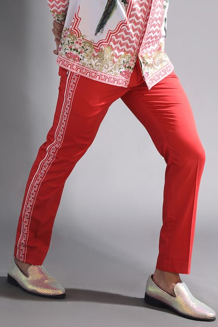 MR. Ajay Kumar_Red Cotton Printed Floral Motif Kurta And Pant Set_at_Aza_Fashions