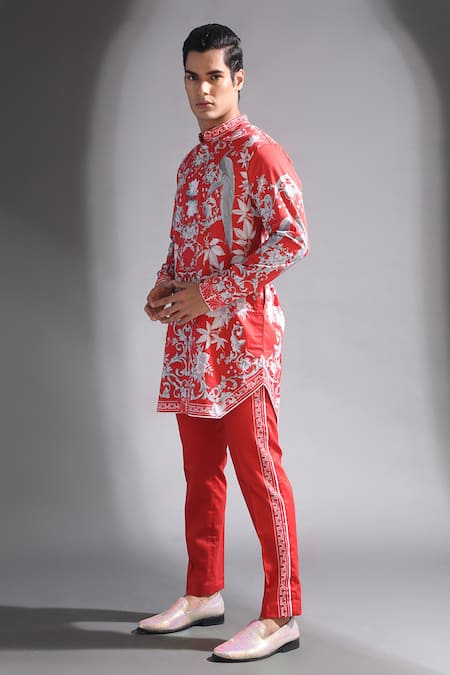 MR. Ajay Kumar_Red Cotton Floral Print Band Neck Full Sleeve Kurta_Online_at_Aza_Fashions