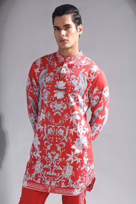 Buy_MR. Ajay Kumar_Red Cotton Floral Print Band Neck Full Sleeve Kurta_Online_at_Aza_Fashions