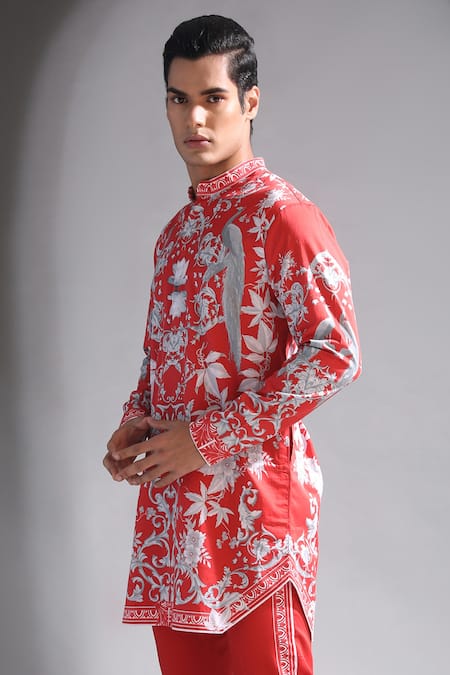 Shop_MR. Ajay Kumar_Red Cotton Floral Print Band Neck Full Sleeve Kurta_Online_at_Aza_Fashions