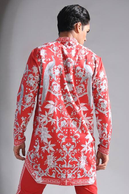 MR. Ajay Kumar_Red Cotton Floral Print Band Neck Full Sleeve Kurta_at_Aza_Fashions