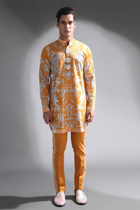 Mr. Ajay Kumar_Yellow Cotton Floral Anton Kurta  _Online_at_Aza_Fashions