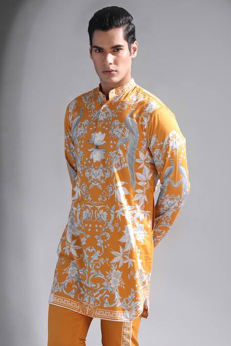 Buy_Mr. Ajay Kumar_Yellow Cotton Floral Anton Kurta  _Online_at_Aza_Fashions