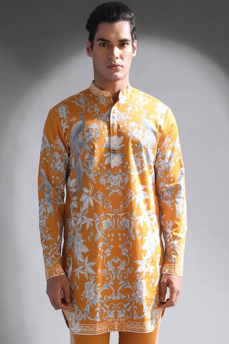 Shop_Mr. Ajay Kumar_Yellow Cotton Floral Anton Kurta  _Online_at_Aza_Fashions