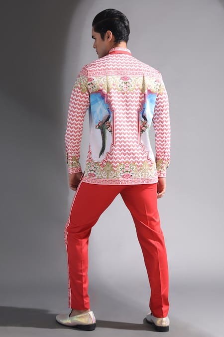 Shop MR. Ajay Kumar Red Cotton Printed Mandarin Collar Shirt at Aza Fashions Shop_MR. Ajay Kumar_Red Cotton Printed Mandarin Collar Shirt _at_Aza_Fashions