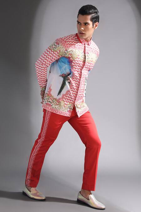 MR. Ajay Kumar Red Cotton Printed Mandarin Collar Shirt Online at Aza Fashions MR. Ajay Kumar_Red Cotton Printed Mandarin Collar Shirt _Online_at_Aza_Fashions