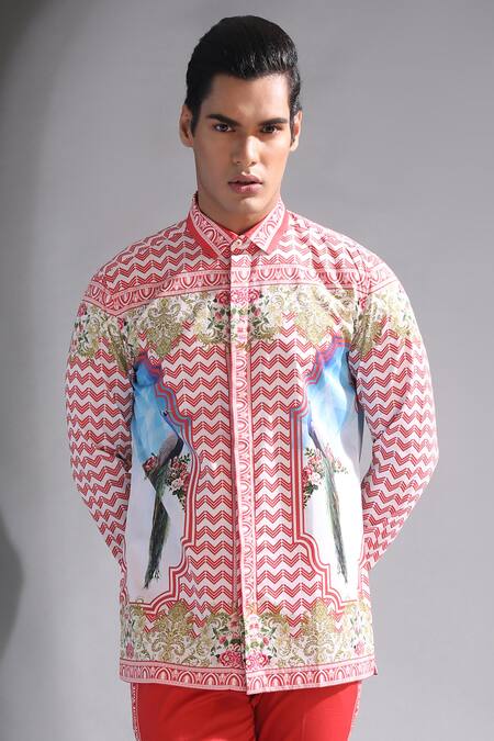 Buy MR. Ajay Kumar Red Cotton Printed Mandarin Collar Shirt Online at Aza Fashions Buy_MR. Ajay Kumar_Red Cotton Printed Mandarin Collar Shirt _Online_at_Aza_Fashions