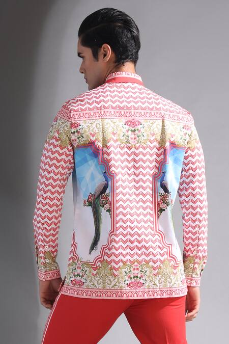 Shop MR. Ajay Kumar Red Cotton Printed Mandarin Collar Shirt Online at Aza Fashions Shop_MR. Ajay Kumar_Red Cotton Printed Mandarin Collar Shirt _Online_at_Aza_Fashions