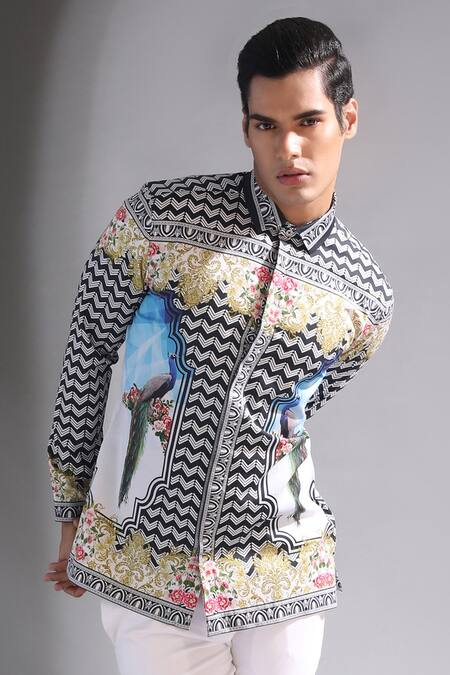 MR. Ajay Kumar_Black Printed Mandarin Collar Shirt _Online_at_Aza_Fashions
