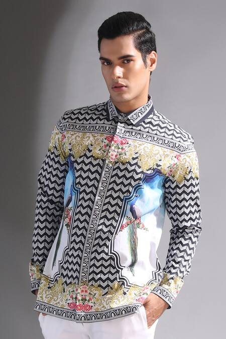 Buy_MR. Ajay Kumar_Black Printed Mandarin Collar Shirt _Online_at_Aza_Fashions