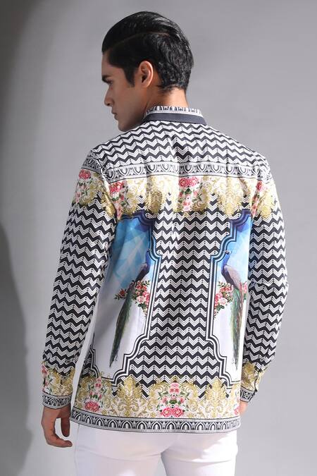 Shop_MR. Ajay Kumar_Black Printed Mandarin Collar Shirt _Online_at_Aza_Fashions
