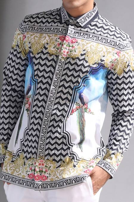 MR. Ajay Kumar_Black Printed Mandarin Collar Shirt _at_Aza_Fashions