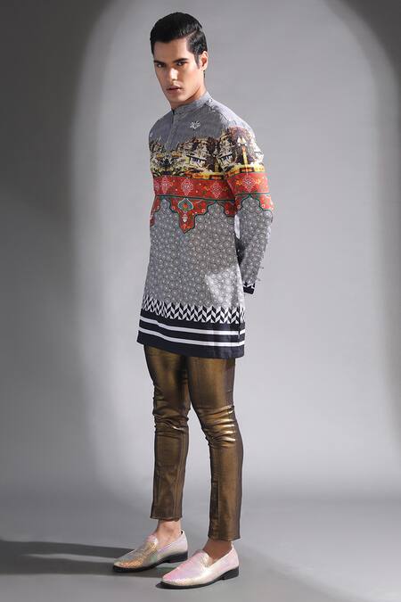 MR. Ajay Kumar_Black Cotton Benares Landscape Printed Short Kurta _Online_at_Aza_Fashions